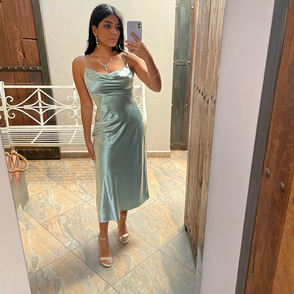 Satin blue wedding guest dress
